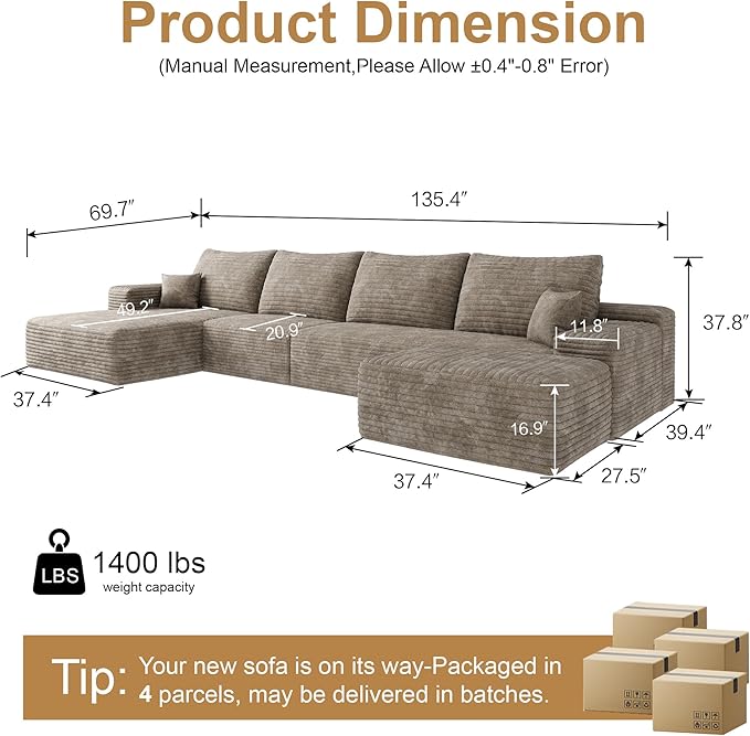 136" Sectional Couches for Living Room Modern Modular Sofa with L-Shape Couchs Upholstered Boneless Couch Deep Seat Sectional Couch with Chaise (Camel, Left Facing Chaise+3Seaters+Ottoman)
