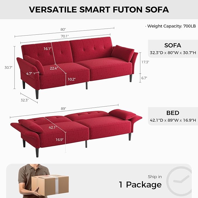 89” Futon Sofa Bed, Linen Comfy Futon Couch Bed with 2 Square Pillows, Convertible Sleeper Sofa with Adjustable Backrest& Armrests, Modern Loveseat Sleeper for Living Room, Bedroom, Red