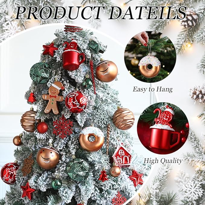 Gingerbread Man Christmas Tree Ball Ornaments Set - 72 ct Red Green Copper Gold Plastic Shatterproof Hanging Ornaments for Xmas Tree Indoor Outdoor Holiday Party Decorations