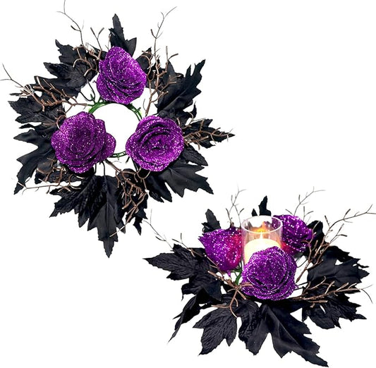2pcs 11.8" Halloween Candle Rings Wreaths Artificial Glitter Purple Roses Dead Branches Black Leaves Candle Rings Holder Halloween Mini Wreaths for Table Centerpiece Home Dinner Table Christmas Decor