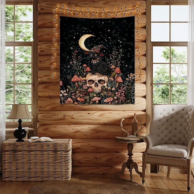 Halloween Witch Cat Tapestry Gothic Skull and Mushroom Artwork Print Spooky Halloween Witchy Wall Hanging Decor Black Cat Crescent Moon art Tapestries for Living Room Bedroom Decoration 30x40inch