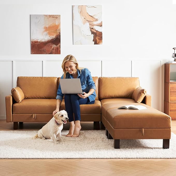 5 Seater Faux Leather Sofa Couch, 98'' L Shape Sectional Couch, Mid Century Modern Decor, Office Sectional Sofa Bed, for House, Apartment, Living Room, Tan