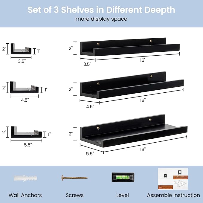 Picture Ledge Wall Shelves - 16 Inch Width Set of 3, Solid Pine Wood Rustic Floating Ledge Shelves for Kids' Room, Bedroom, Kitchen, Bathroom, Living Room, Nursery Display Decor, Black