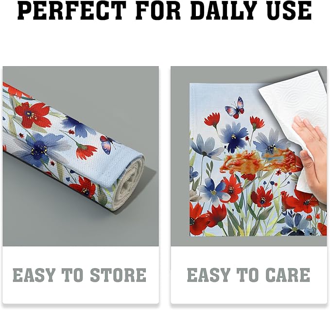 4th of July Floral Placemats Set of 4 12x18 Inch Patriotic Red Blue Watercolor Flowers Washable Non-Slip Heat Resistant Place Mats Memorial Day Independence Day Table Mats