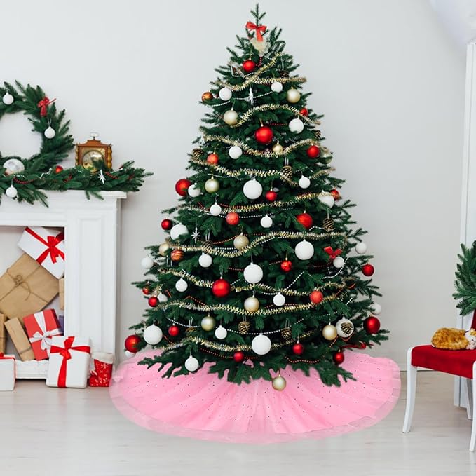 Christmas Wedding Tree Skirt,45 inch 4-Layer Fluffy Romantic Pleated Sparkly Skirt Decoration Xmas Tree Ornament for Holiday and Party(Pink)
