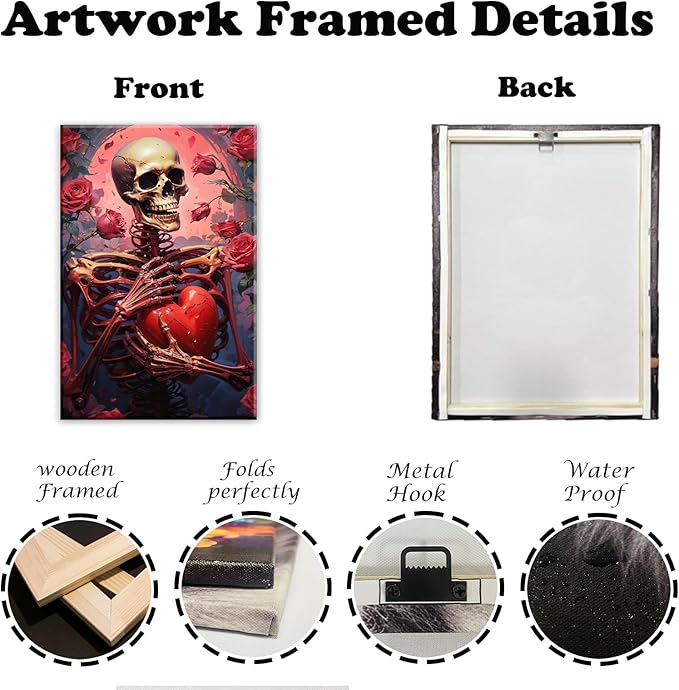 OAAPITI Skull Skeleton Canvas Wall Art Skull Holding Heart Picture Print Romantic Theme Painting Artwork Gothic Poster Wall Decor Living Room Halloween Decor(Artwork-1,28"x42")