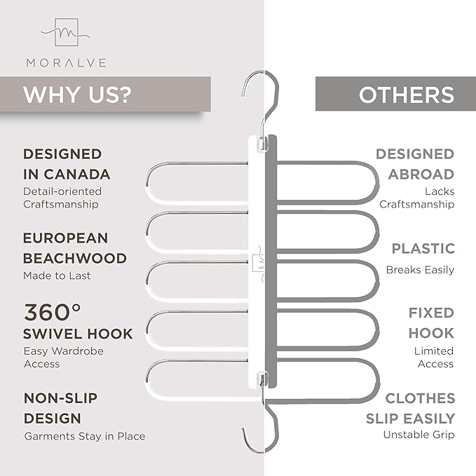 MORALVE Pants Hangers Space Saving - European Beechwood Scarf and Jean Hangers - Closet Organizer and Space Saver Pant Rack, Leggings Hanger, and Scarf Holder with 360° Swivel Hook (1 Pack)