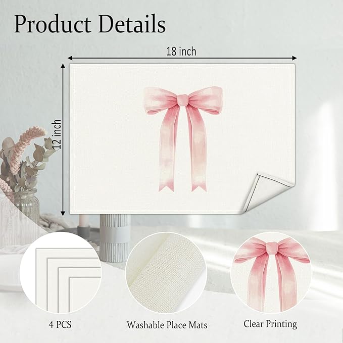 Pink Bow Placemats Set of 4, Table Mat for Home Kitchen, Restaurants, Outdoor Linen Washable Place Mats 12x18 inch Party Event Dining Decoration-05