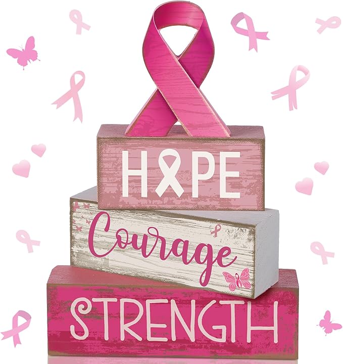 4 Pcs Breast Cancer Awareness Table Decor Pink Ribbon Wooden Sign Breast Cancer Tiered Tray Decor Decorative Pink Ribbon Blocks Sign Gifts for Home Kitchen Party Decoration