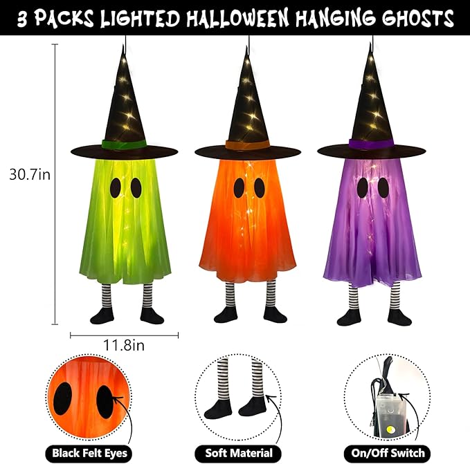 DAZONGE Halloween Decorations Outdoor, 3 Packs Hanging Ghost Halloween Decor with String Lights Battery Operated, Ghost Decor with with Hat for Home Yard Porch