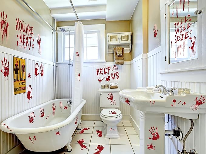 Halloween Clings- Bloody Handprint Footprint Floor Stickers, Scary Halloween Party Decor for Windows and Cars, Indoor/Outdoor Use - 12 Sheets