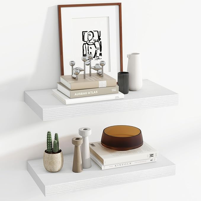 24 Inch Floating Shelves, 11.6 Inch Deep Floating Shelves for Wall, Floating Shelf with Invisible Brackets, Deep Shelves for Bathroom, Bedroom, Living Room, 2 Pack, White