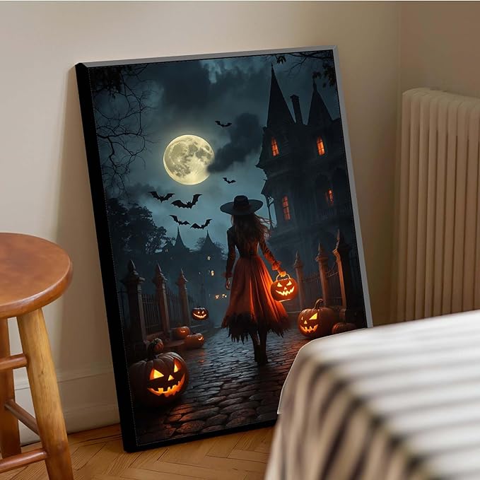JFHCQJPK Halloween theme poster moonlit autumn night witch vintage poster art print dark college style gothic painting canvas wall decoration bedroom living room ideal gift20x30in Metal blackFramed