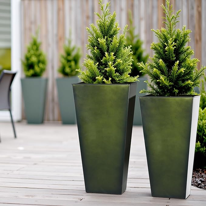 WORTH Garden Large Metal Glazed Planter Set of 2 (25" + 28"), Luxurious Glossy Finish Green Tall Square Tapered Steel Plant Pot, Decor Flower Pot Indoor & Outdoor, Drainage Hole & Dual-Purpose Saucer