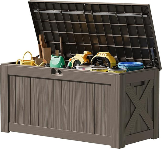 JUMMICO 120 Gallon Resin Deck Box, Large Outdoor Storage Box Waterproof & Lockable for Garden, Patio, Pools (Brown)