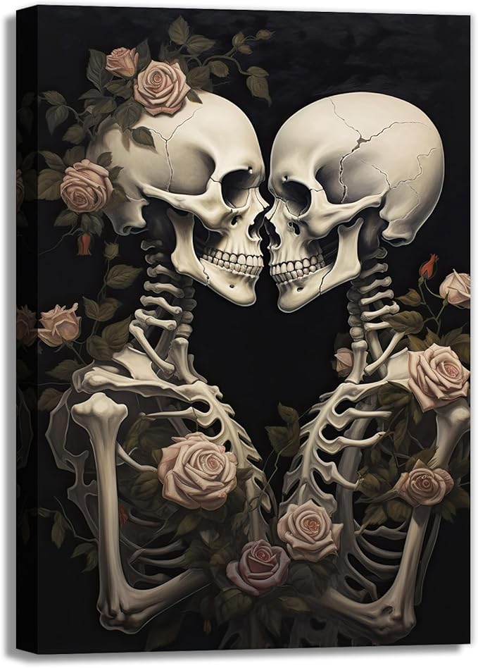 OAAPITI Vintage Skeleton Canvas Wall Art Gothic Painting Artwork Retro Rose Skull Art Poster Abstract Romantic Theme Picture Halloween Living Room Decor(Artwork-4,20"x30")