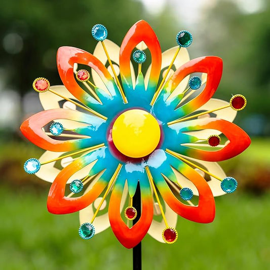 Soalr Wind Spinners -60.63 Inch Outdoor Metal Stake Yard Wind Sculptures, Solar Powered Multi-Color LED Glass Ball with Kinetic Wind Spinner Windmills for Outdoor Lawn & Garden Decoration
