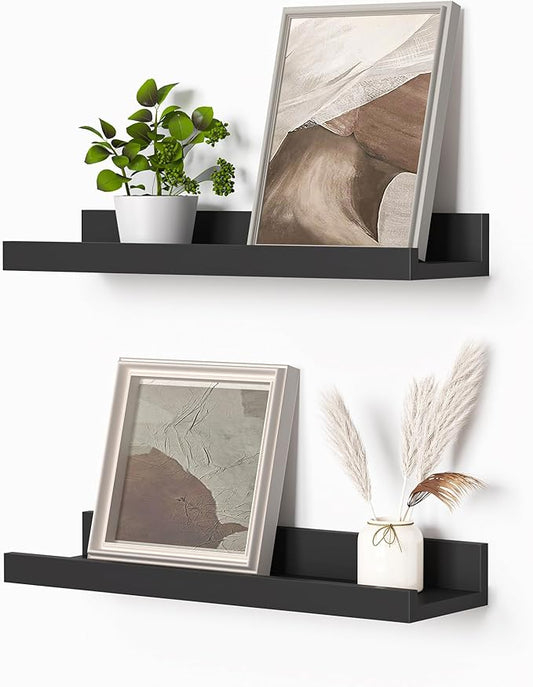 Heimlove Picture Ledge Shelf, Small Floating Shelves Set of 2, 16 Inches Picture Shelf for Wall with Ledge, Kids Bookshelf Wall Mounted for Living Room Bedroom Decor Books Photo Frames, Black