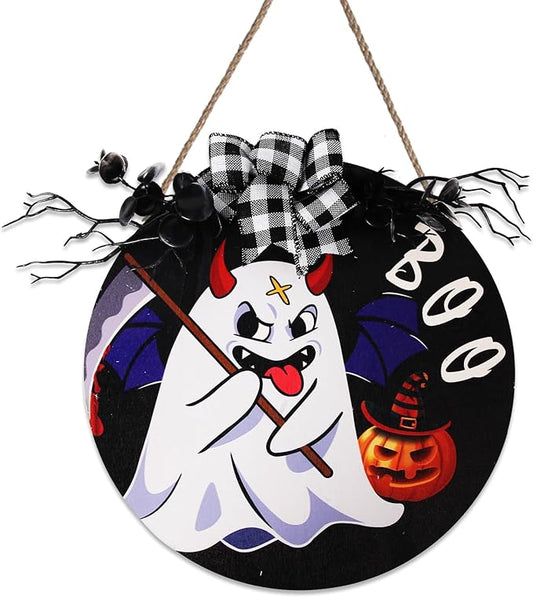 Cute Halloween Round Wooden Plaque Funny Ghost Outdoor Hanging Sign Decoration Halloween Wreaths Art for Home Wall Decor Halloween Courtyard Party Outdoor Indoor Supply Gifts