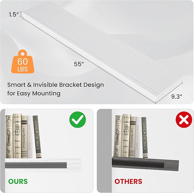 Floating Shelves for Wall, 55"W x 9.3"D x 1.5"H, Long Wooden Wall Mounted Display Shelves with Invisible Brackets for Living Room, Bedroom, Bathroom, Kitchen Decor and Storage, Set of 1, White