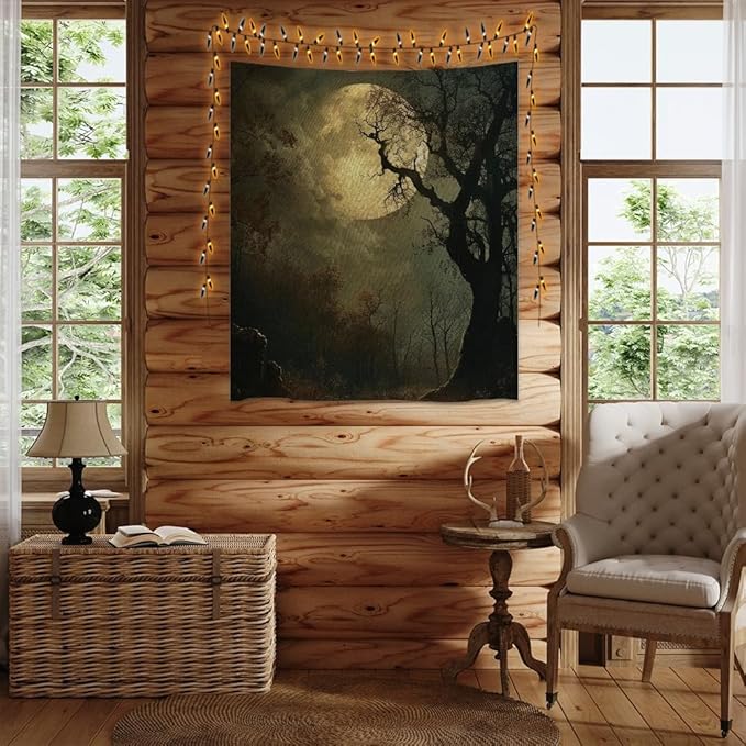 Moon Tapestry Halloween wall Decor Vintage Dark Academia Bedroom Tapestries Retro Art Aesthetic Wall Tapestry for Bedroom Dorm Living Room white