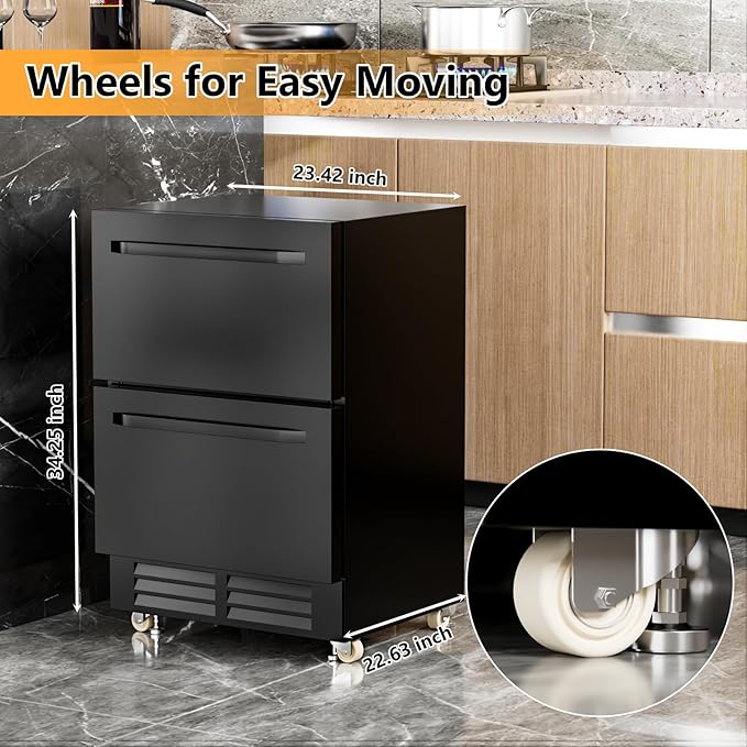 24 Inch Under Counter Dual Drawer Beverage Fridge, Weather Proof Outdoor Beverage Refrigerator for Patio, Stainless Steel Built-in Beverage Cooler for Home & Commercial Use, Black