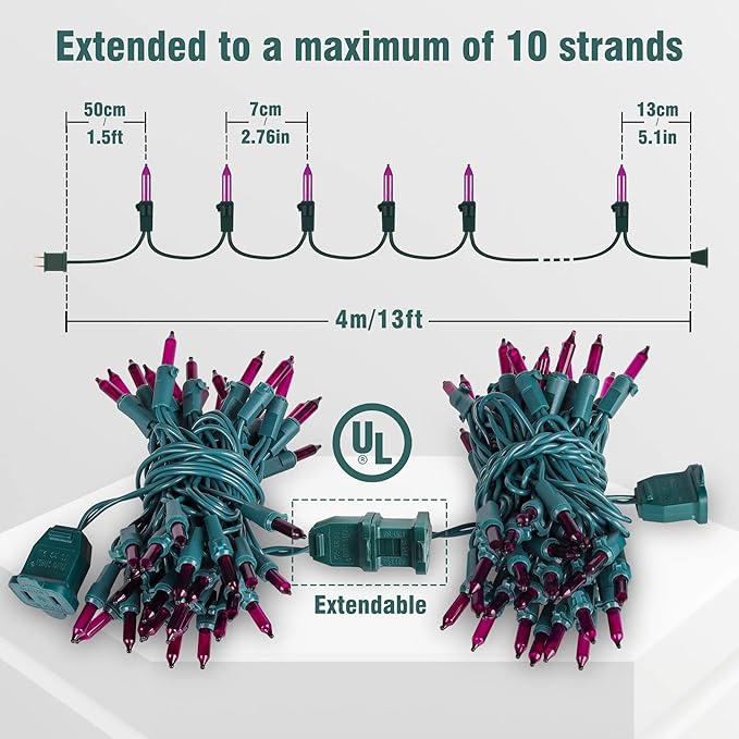 Hopolon Purple Halloween Mini String Lights,2PACk 50Count Incandescent Christmas Lights Green Wire,13FT Connectable Tree Lights for Indoor Outdoor Halloween,Valentines,Patio,Party,Home Decor,Purple