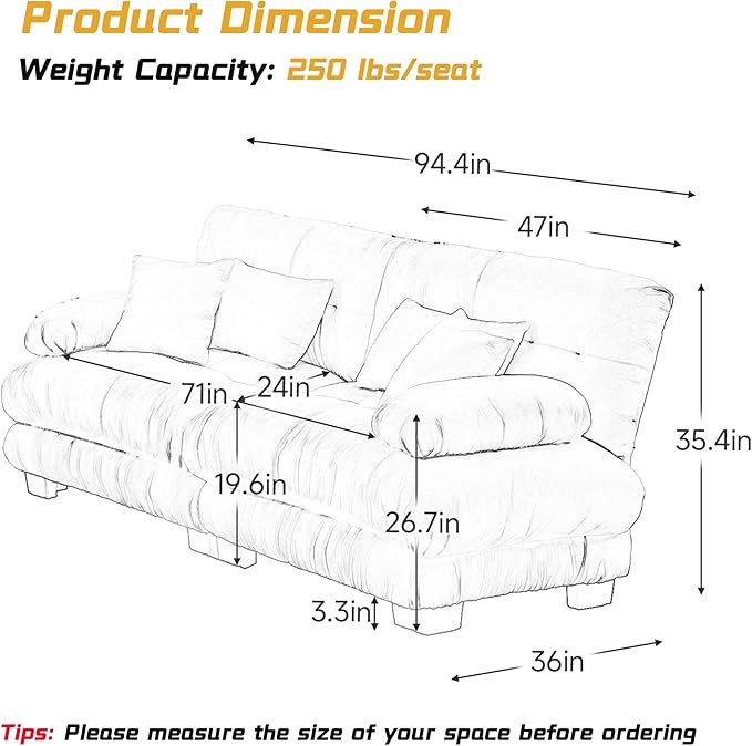 Modular Sectional Sofa, 2 Seater Cloud Couch Small Couches for Small Spaces, Modern Deep Seat Couch, Home Sofa Living Room Oversized Loveseat with Bolster Armrests 4 Pillows