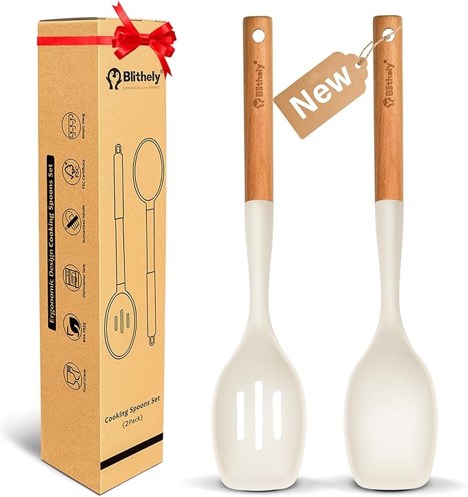 Large Silicone Cooking Spoon Set, 2 Pack Solid Slotted Spoon with Wooden Handle, Nonstick Silicone Kitchen Spoons for Cooking, Heat Resistan Spatula Set for Serving, Basting, Mixing (White)