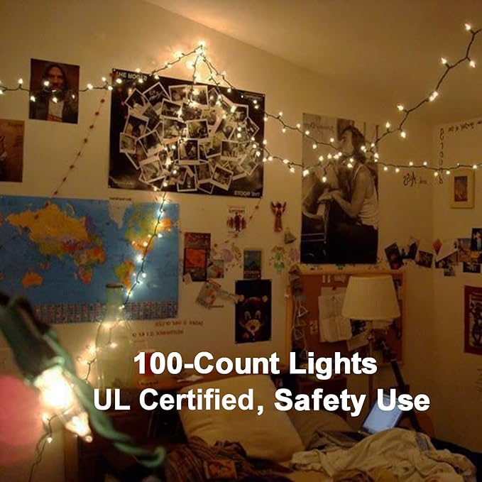 BrizLabs Steady On & Twinkle Christmas Lights - 100-ct Clear Outdoor Connectable Incandescent Mini Lights, Warm White String Lights for Xmas Tree, Indoor Holiday Party