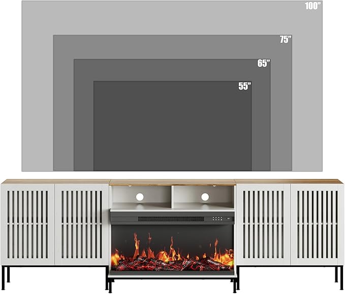 3-Sided Glass Farmhouse Fireplace TV Stand for TVs Up to 100 Inch, Entertainment Center with 36" Electric Fireplace, TV Console with Storage Cabinets for Living Room, Antique White