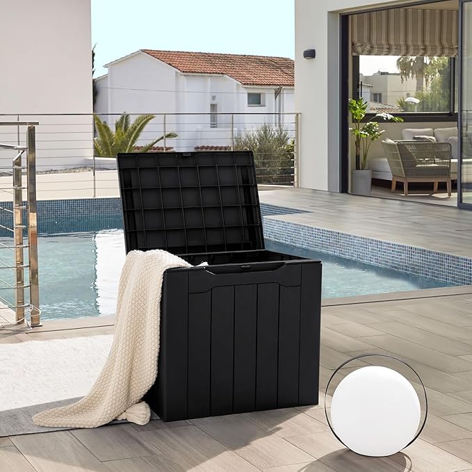 JUMMICO 31 Gallon Resin Deck Box Waterproof Indoor Outdoor Storage Boxes for Patio Furniture Cushions and Garden Tools (Black)