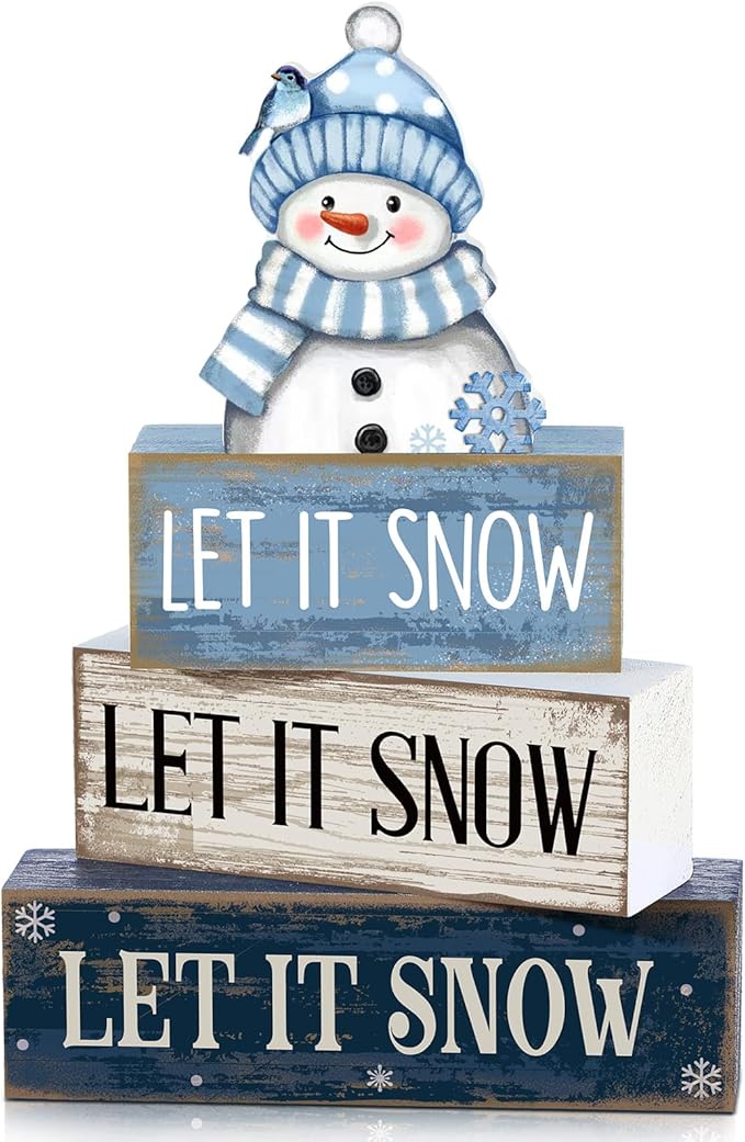 4 Pcs Christmas Wooden Tabletop Decor Snowman Blue Tiered Tray Decor Christmas Plaid Block Signs Centerpiece Farmhouse Winter Let It Snow Table Decoration for Home Kitchen Shelf