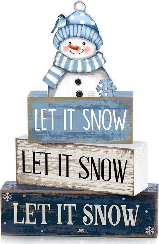 4 Pcs Christmas Wooden Tabletop Decor Snowman Blue Tiered Tray Decor Christmas Plaid Block Signs Centerpiece Farmhouse Winter Let It Snow Table Decoration for Home Kitchen Shelf