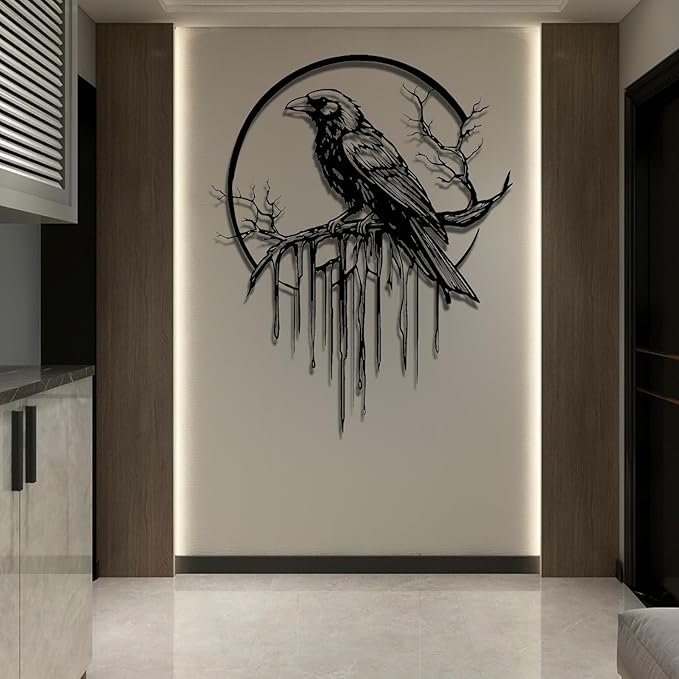 Crow Metal Wall Decor, Raven Wall Art, Large Gothic Raven Decor Hangings, Bird Wall Decor, Metal Tree Branch Decor, Ravens Sign, Raven Art for Living Room (Silver, 24"x19" | 60x48cm, metal wall art)