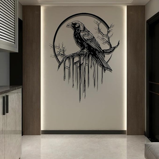 Crow Metal Wall Decor, Raven Wall Art, Large Gothic Raven Decor Hangings, Bird Wall Decor, Metal Tree Branch Decor, Ravens Sign, Raven Art for Living Room (Black, 35"x28" | 90x72cm, metal wall art)