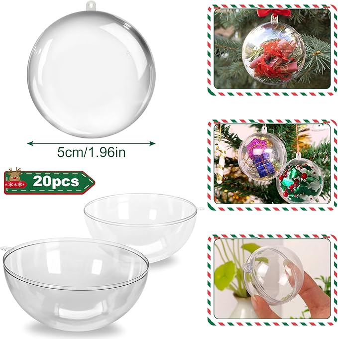 20PCS Christmas Ornaments,5CM Clear Plastic Ornaments Balls,Clear Christmas Ornament for Crafts,Acrylic Fillable Xmas Tree Ornament Balls for DIY,Wedding,Parclearty and Valentine's Day (S-5CM)
