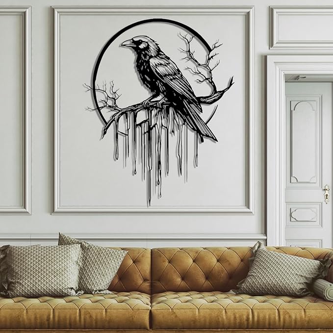 Crow Metal Wall Decor, Raven Wall Art, Large Gothic Raven Decor Hangings, Bird Wall Decor, Metal Tree Branch Decor, Ravens Sign, Raven Art for Living Room (Gold, 19"x15" | 47x38cm, metal wall art)