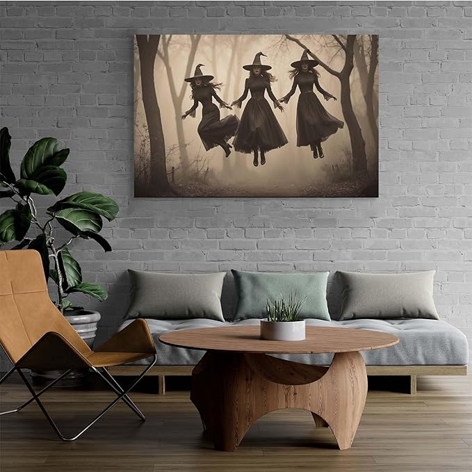 JFHCQJPK Three ghost witches flying in vintage forest gothic wall art witchcraft decoration holiday gift canvas wall art print16x24in Frameless