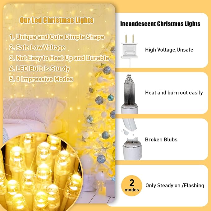 JMEXSUSS Connectable Warm White String Lights Indoor Bedroom, 8 Modes Christmas String Light Plug in Christmas Tree Lights, 33ft 100 LED Fairy Twinkle Light Outdoor for Home Garden Xmas Tree Decor