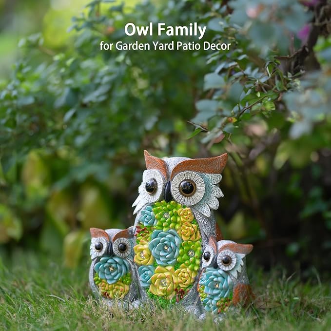 Solar Garden Statue Lights Owl Figurine with LED Lights, Outdoor Garden Succulent Ornaments, Mothers Day Mom Gifts for Outside Patio Yard Lawn Decor