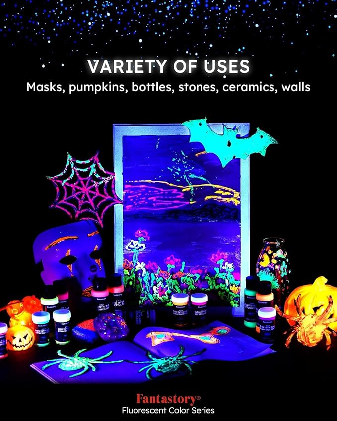 Fantastory Fluorescent Glow in the Dark Paint,60ml /2oz,Neon Colors Glow Acrylic Paints; Waterproof Blacklight Paint for Outdoor Rock,Wood,DIY Craft,Canva,Pumpkin,Halloween,Holiday Decor