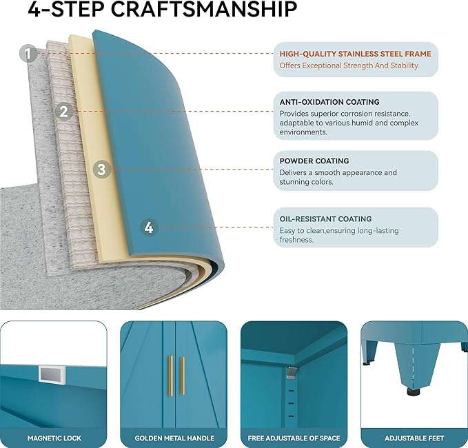 71 "Farmhouse Metal Filing Cabinet with a Drawer and 4 Adjustable Shelves, with 4 Large barn Door White Kitchen Cabinets, Metal Food Cabinets for Home, Kitchen, Dining/Living Room (Peacock Blue)