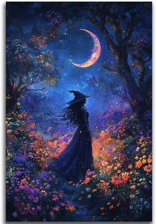 Vintage Halloween Witch Decor Mystic Gothic Wall Art Poster,Enchanting Witch Fall Whimsical Wildflowers Woodland Forest Crescent Moon Picture Art,Creepy Witchy Home Decor,16"x24" Unframed