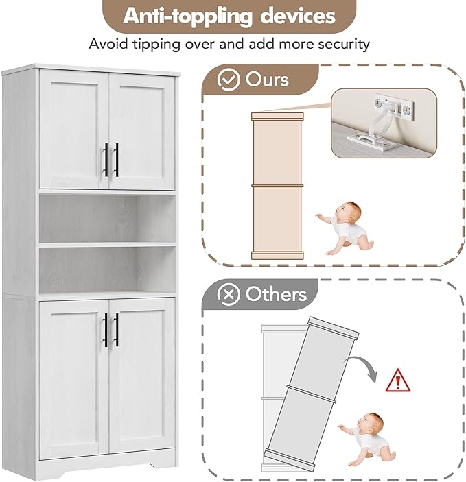 GarveeHome 67" Tall Storage Cabinet, Tall Bathroom Cabinet with 4 Doors and Adjustable Shelves, Freestanding Kitchen Pantry Cabinets, Cupboard for Living Room, Dining Room, Antique White