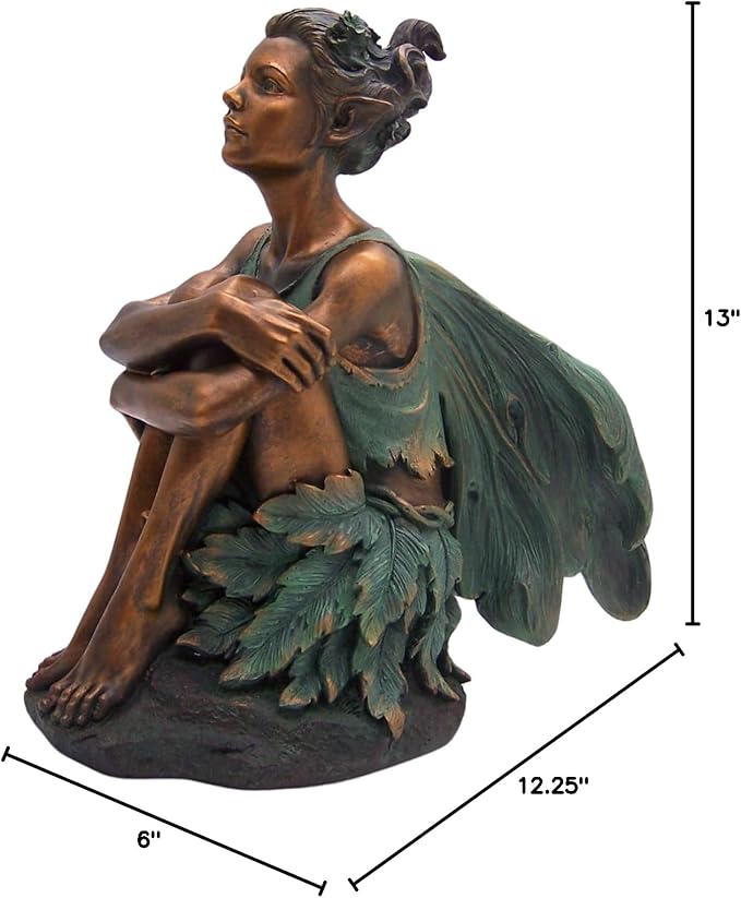 Copper Toned Fairy Holding Knees with Blue Accents Garden Statue, Whimsical Outdoor Decor, 13 Inches