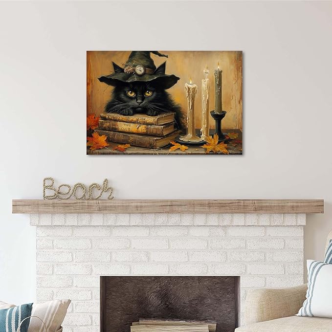 JFHCQJPK Vintage Halloween wall decoration black cat and magic book suitable for home bedroom living room decoration dark classic art witch wall decoration20x30in Frameless