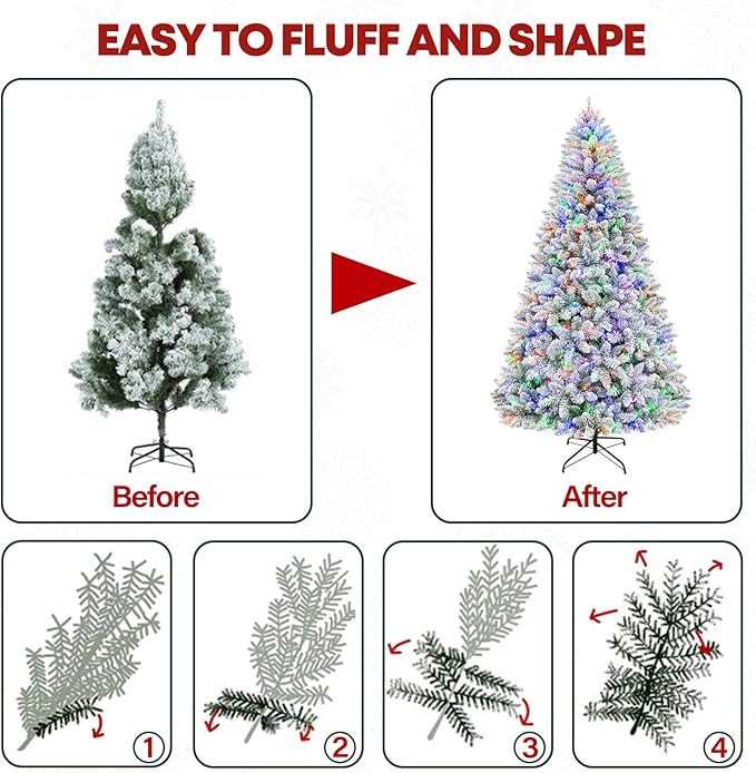 6ft Lighted Artificial Christmas Tree, 250 Multicolor LED Lights, Snow Flocked Christmas Tree with 1032 PVC Tips, Metal Base & Hinged Branches for Holiday, 10 Modes