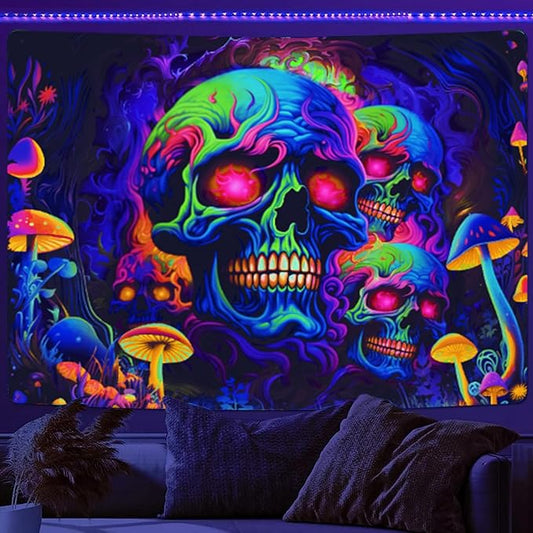 Skull Blacklight Tapestry, UV Reactive Skeleton Tapestry Trippy for Bedroom, Black Light Posters for Adults, Halloween Horror Wall Glow in Dark Tapestry Aesthetic Living Room Dorm Decor 60x51IN