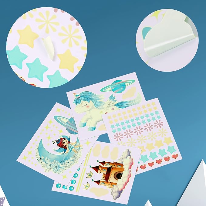 Glow in The Dark Fairy Unicorn Wall Decal Sticker, Girl Bedroom Star Rainbow Castle Princess Wallpaper Decoration, Glowing Moon Ceiling Decor